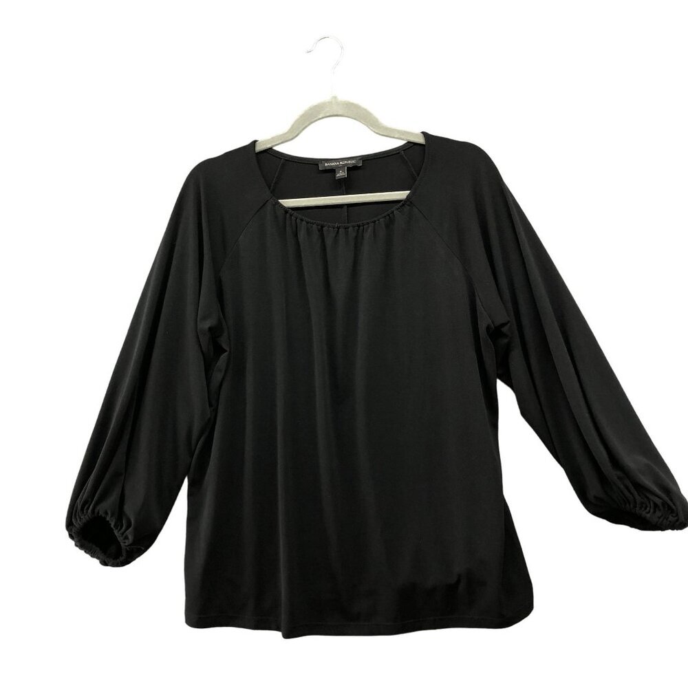 Banana Republic Blouse Womens S Black Balloon Sleeve Relaxed Gathered Neck
